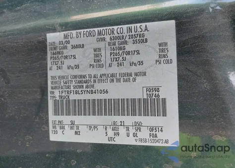 2000 Ford F-150 Work Series/Xl/Xlt z USA, uszkodzony, nr VIN 1FTRF18L5YNB41056